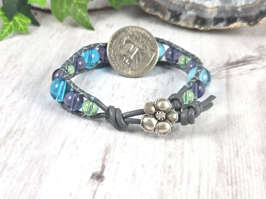 Blue, Purple, Green & Grey Wavy Glass Leather Bracelet