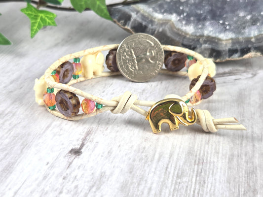 White Elephant Leather Bracelet with Purple Czech Flowers and Peach Accents