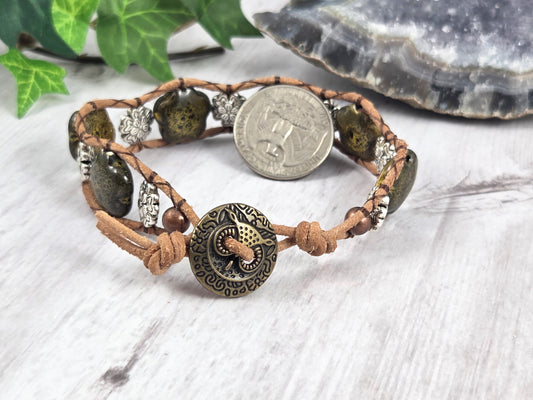 Boho Brown Ceramic and Silver Floral Natural Leather Wrap Bracelet