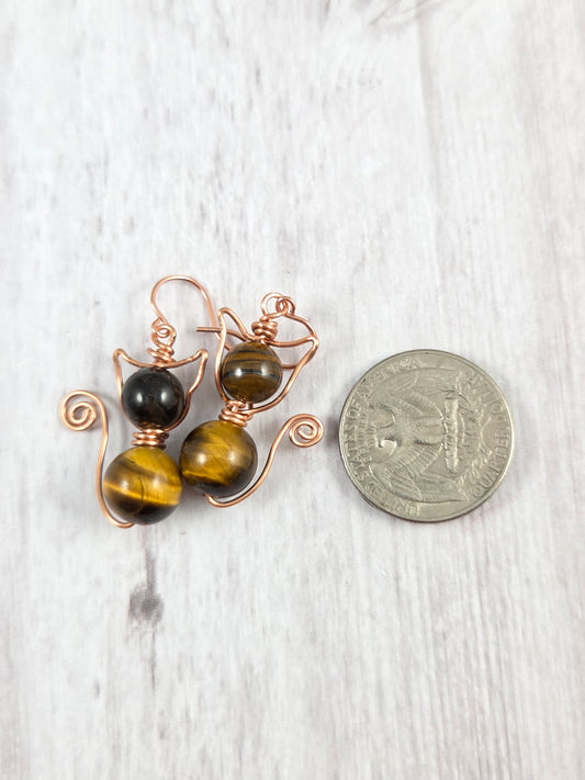 Tiger Eye and Copper Kitty Cat Earrings