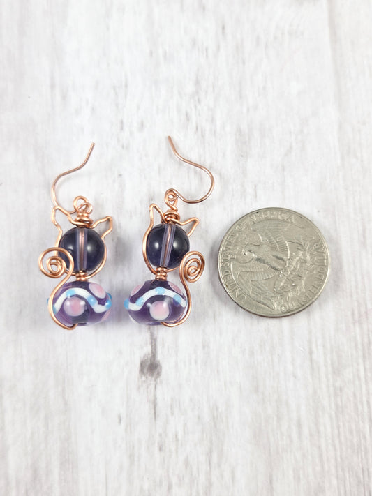 Whimsical Purple Lampwork Glass Cat Earrings