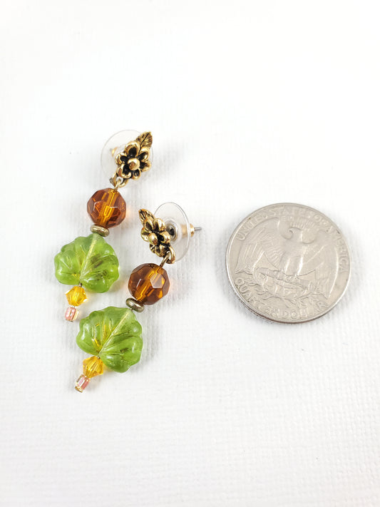 Green, Amber and Gold Autumn Leaf and Flower Post earrings
