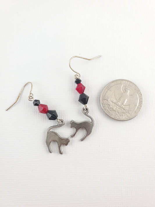 Black Red and Silver Cat Dangle Earrings