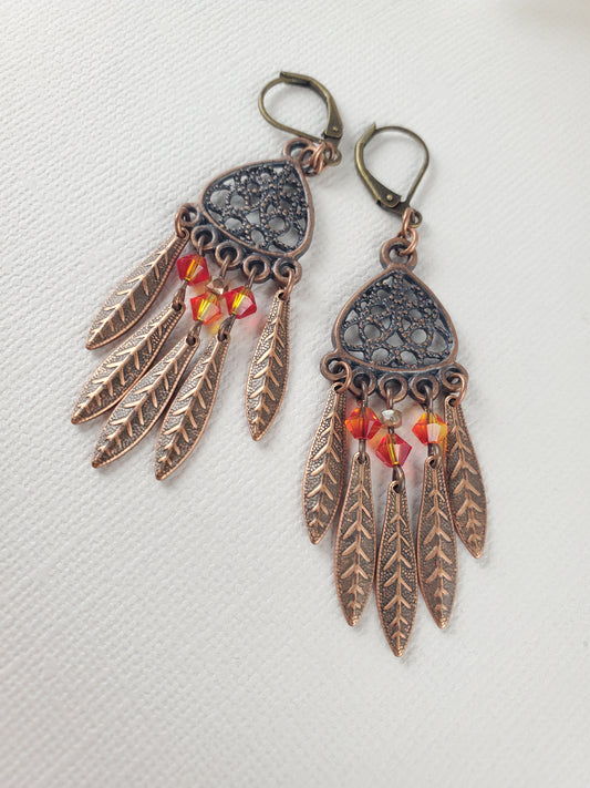Copper Feather and Swarovski Chandelier Earrings Orange