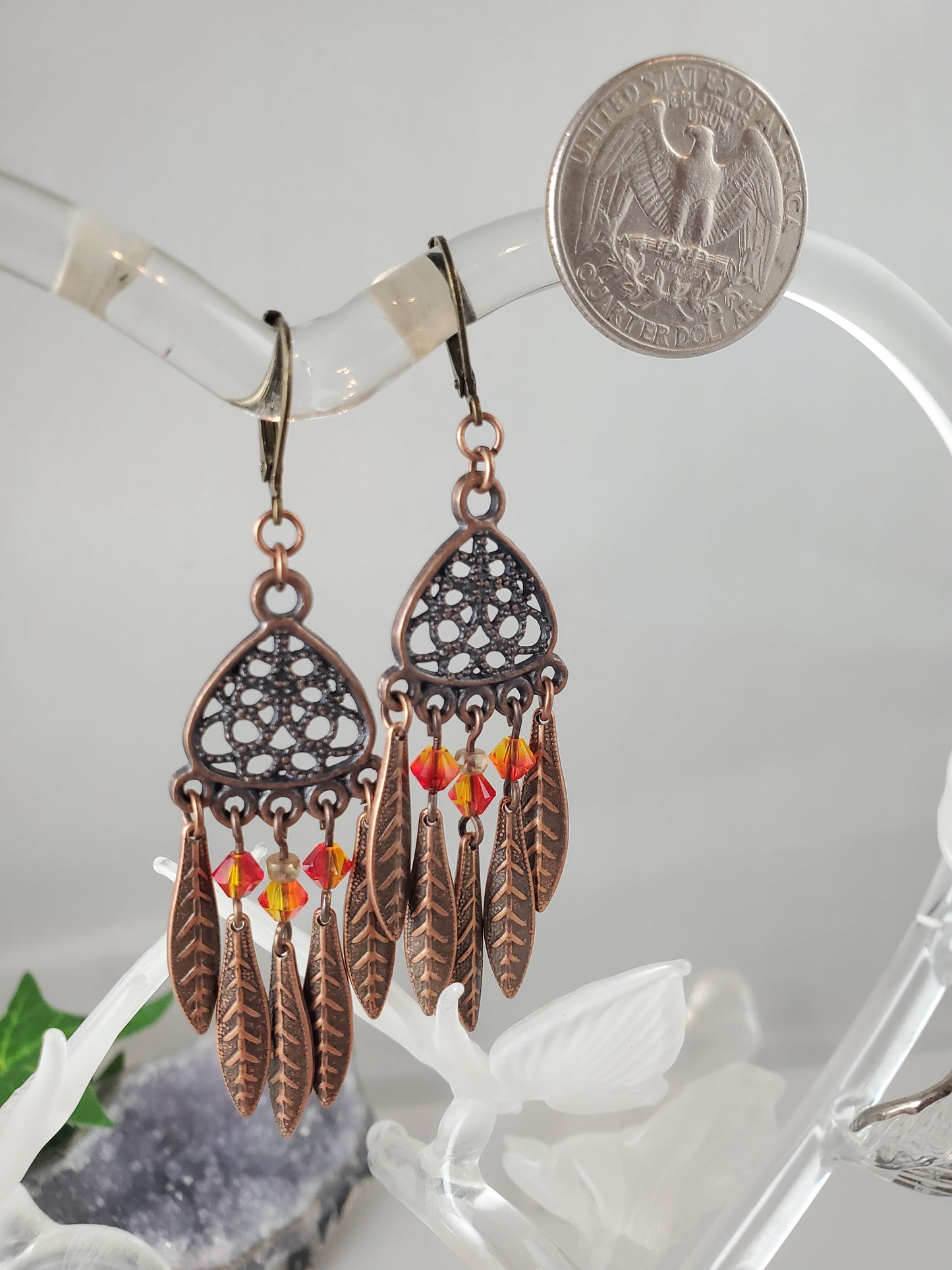 Copper Feather and Swarovski Chandelier Earrings Orange