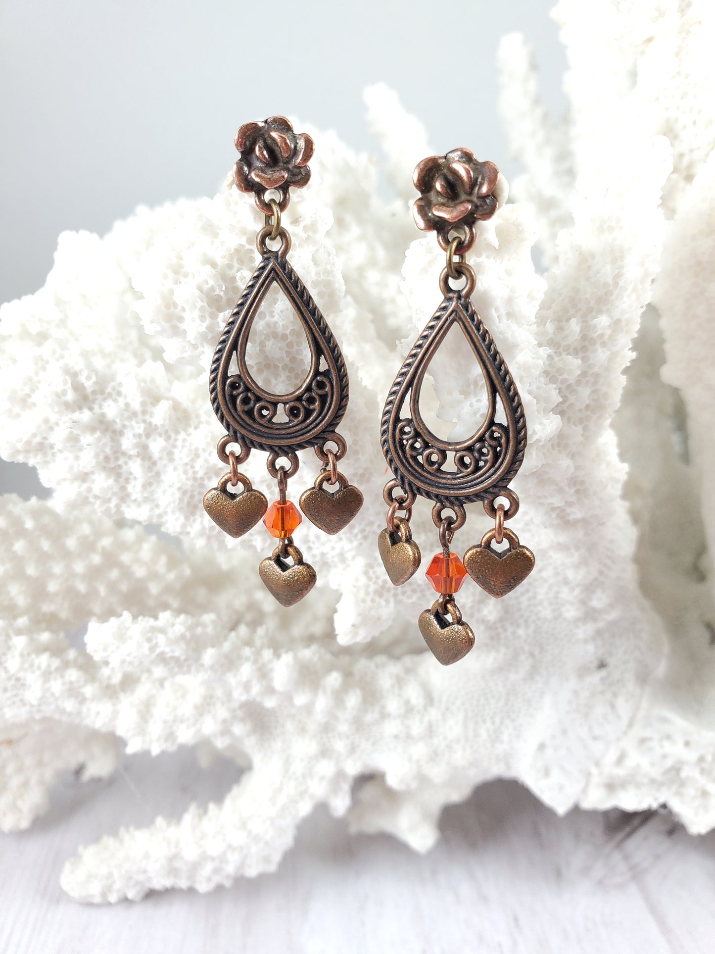 Scroll and Heart Chandelier Dangle Earrings with Orange Accent
