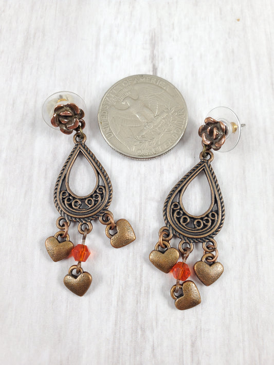 Scroll and Heart Chandelier Dangle Earrings with Orange Accent