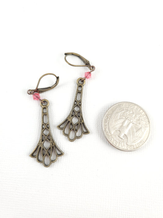 Filigree Fluted Antique Brass Trumpet Flower Dangle Earrings with Pink Accent