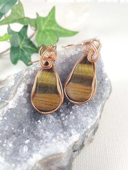 Tiger Eye Teardrop Copper Wrapped Dangle Earrings