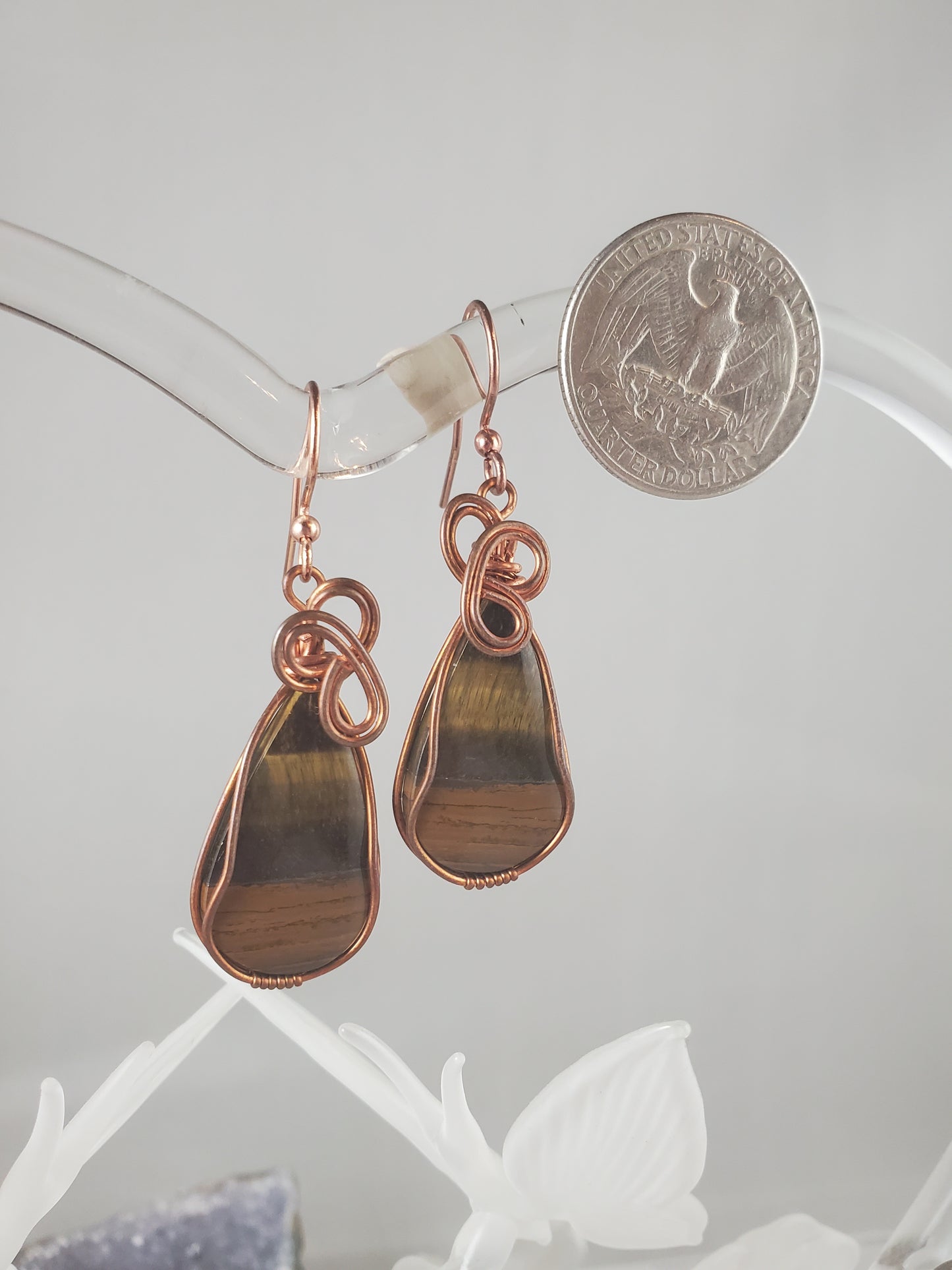 Tiger Eye Teardrop Copper Wrapped Dangle Earrings