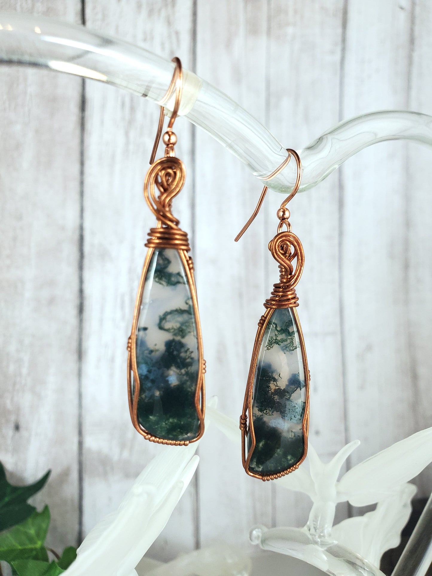 Stylized Triangle Moss Agate and Copper Earrings