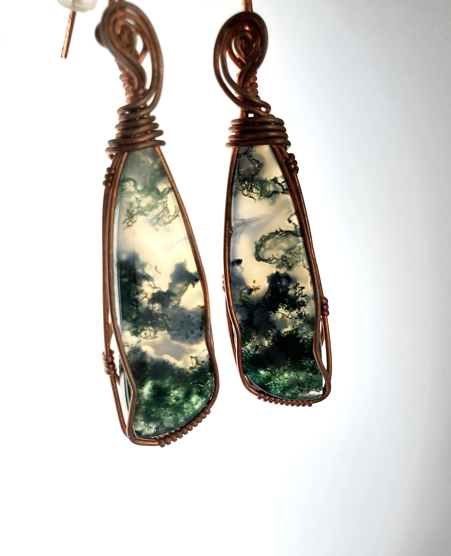 Stylized Triangle Moss Agate and Copper Earrings