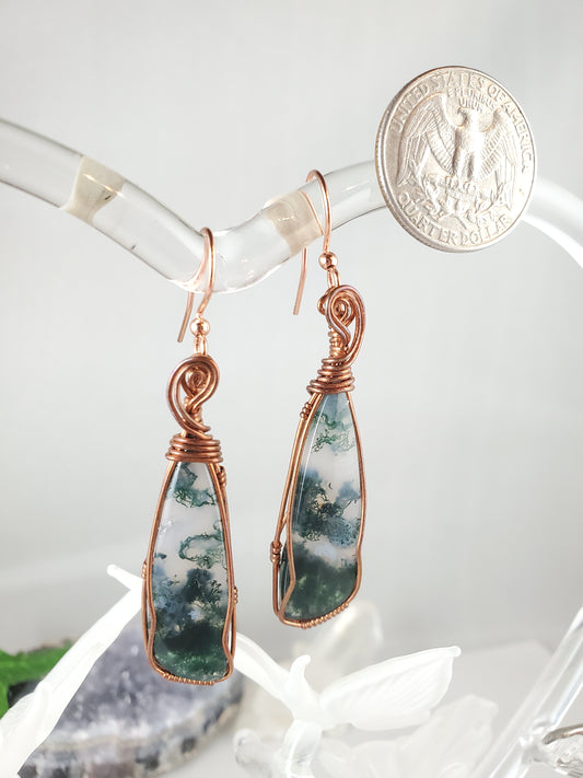 Stylized Triangle Moss Agate and Copper Earrings
