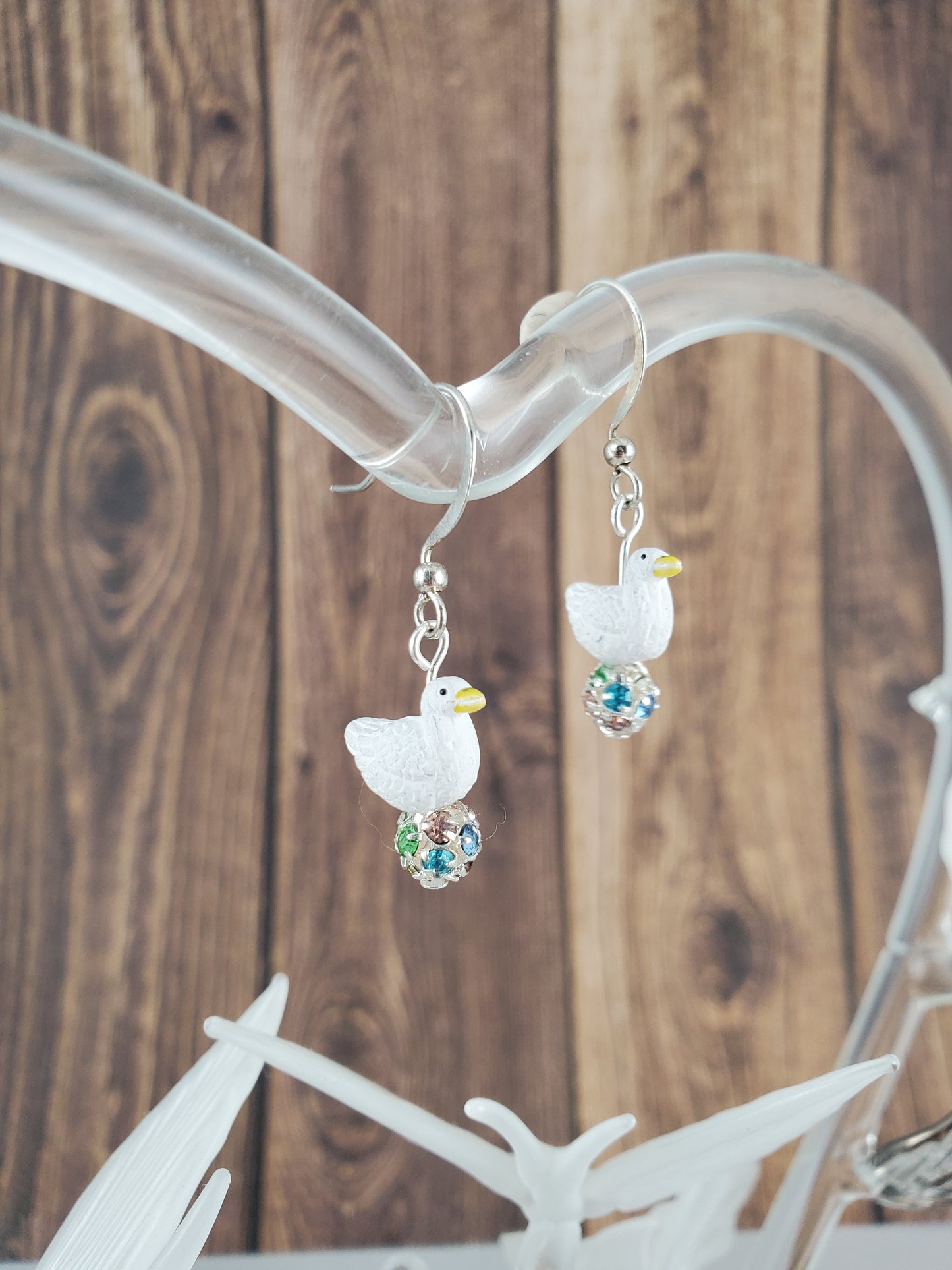 Peruvian Clay White Duck Goose Earrings with Crystal Encrusted Beads