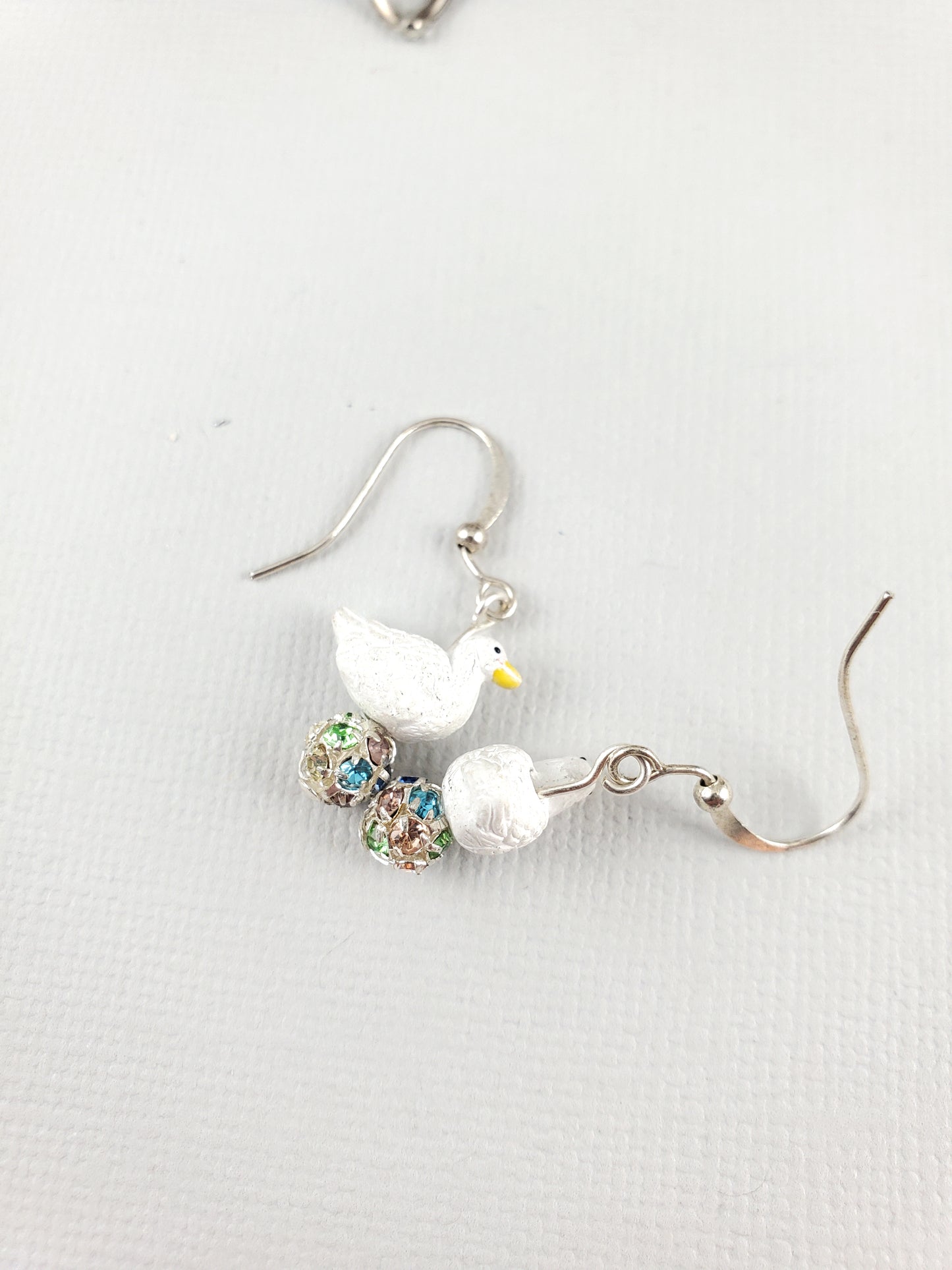 Peruvian Clay White Duck Goose Earrings with Crystal Encrusted Beads