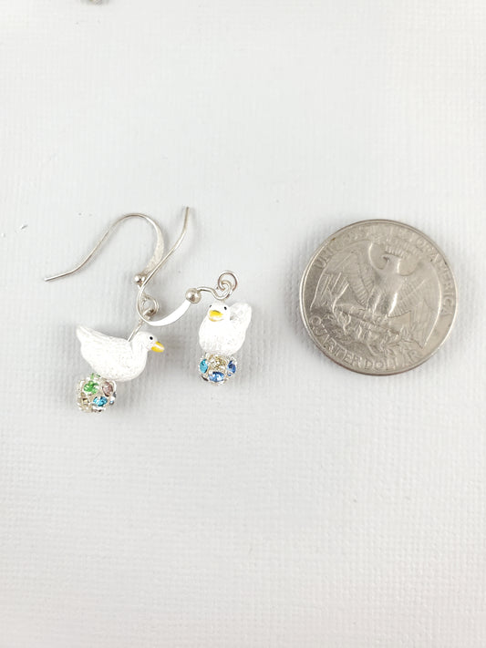 Peruvian Clay White Duck Goose Earrings with Crystal Encrusted Beads