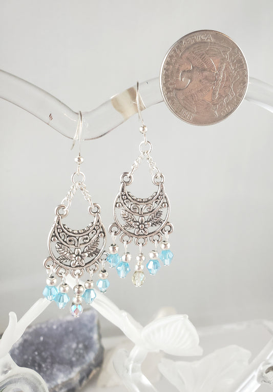 Blue Fairy Chandelier Earrings with Flower Motif