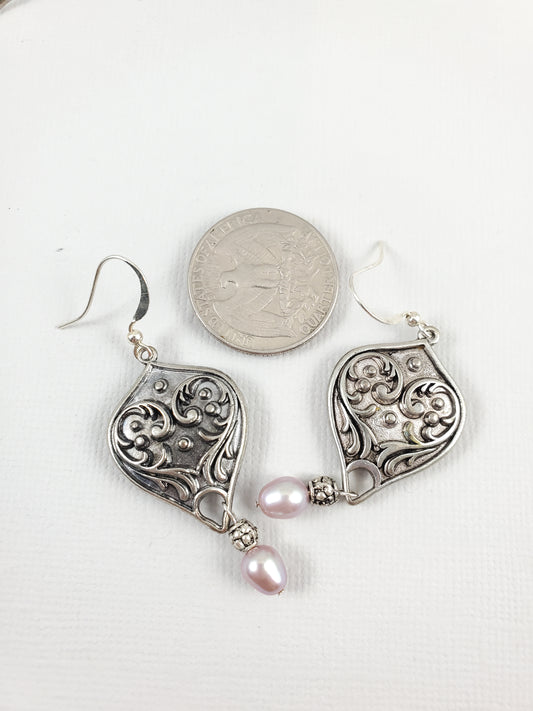 Chevron Scroll Dangle Earrings with Freshwater Pearls