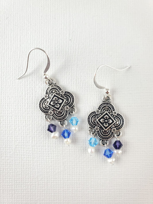 Blue Ombre and Freshwater Pearl Silver Quatrefoil Earrings