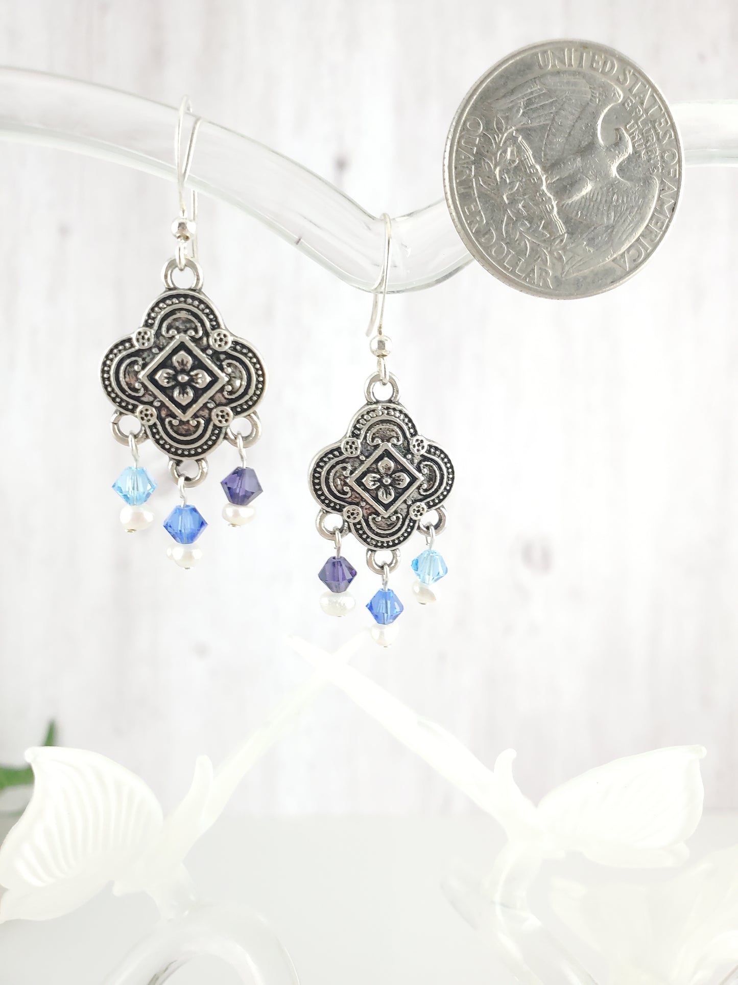 Blue Ombre and Freshwater Pearl Silver Quatrefoil Earrings