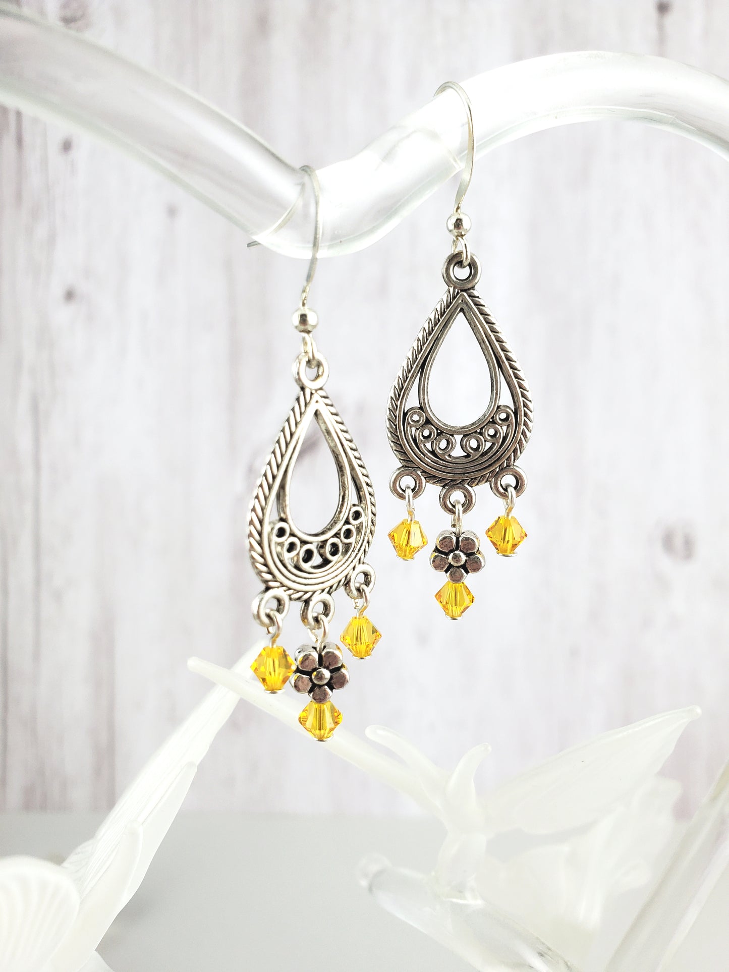 Bright Silver Small Chandelier Earrings with Yellow Swarovski