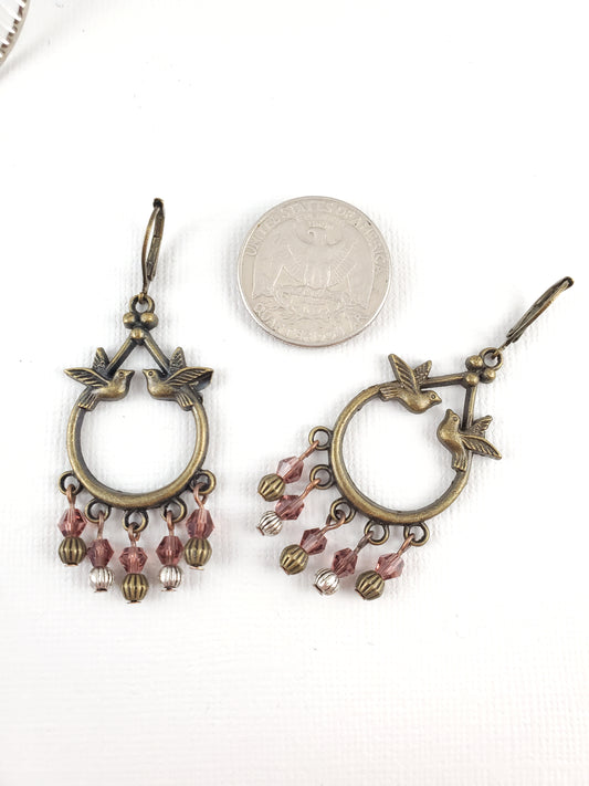 Boho Purple and Antique Bronze Bird Chandelier Earrings
