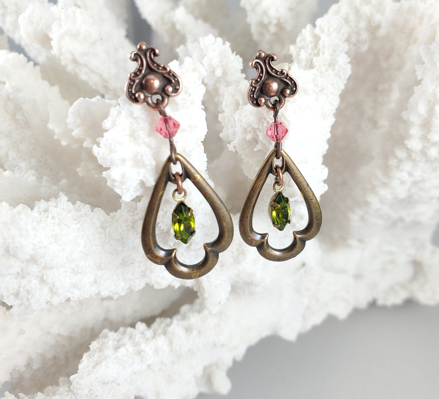 Brass and Copper Crystal Dangle Earrings with Green and Pink Accents