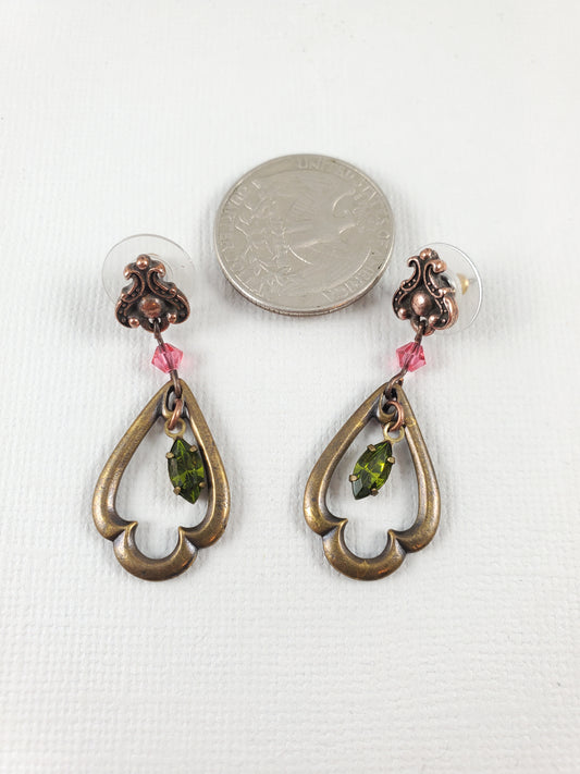 Brass and Copper Crystal Dangle Earrings with Green and Pink Accents