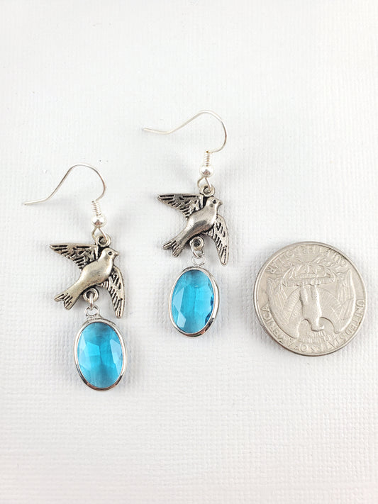 Antique Silver Dove Dangle Earrings with Faceted Aqua Glass