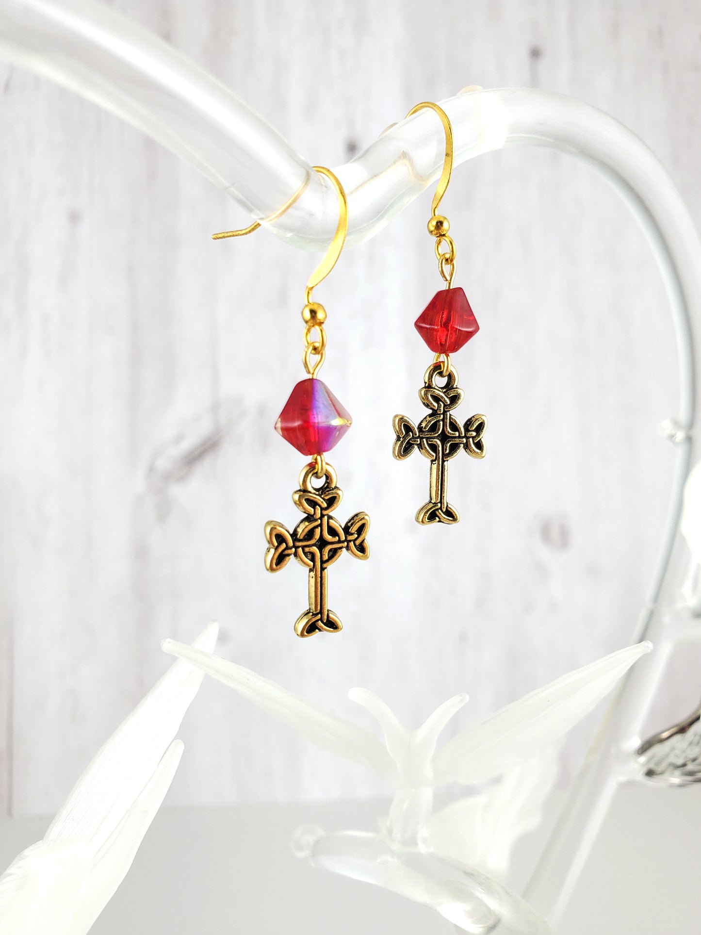 Gold Celtic Cross Earrings with Red Glass