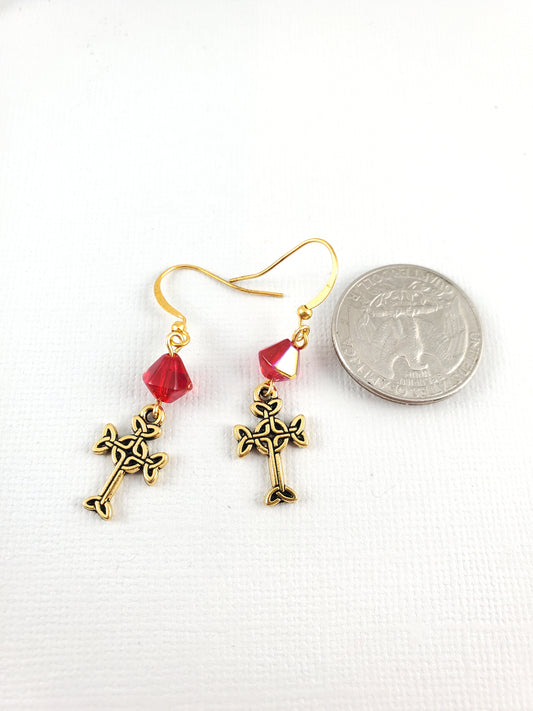 Gold Celtic Cross Earrings with Red Glass