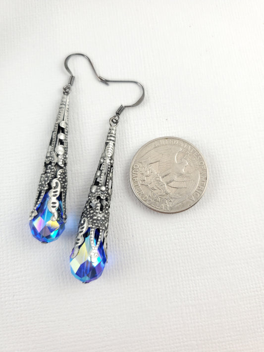 Antique Silver and Sapphire Victorian Style Drop Earrings