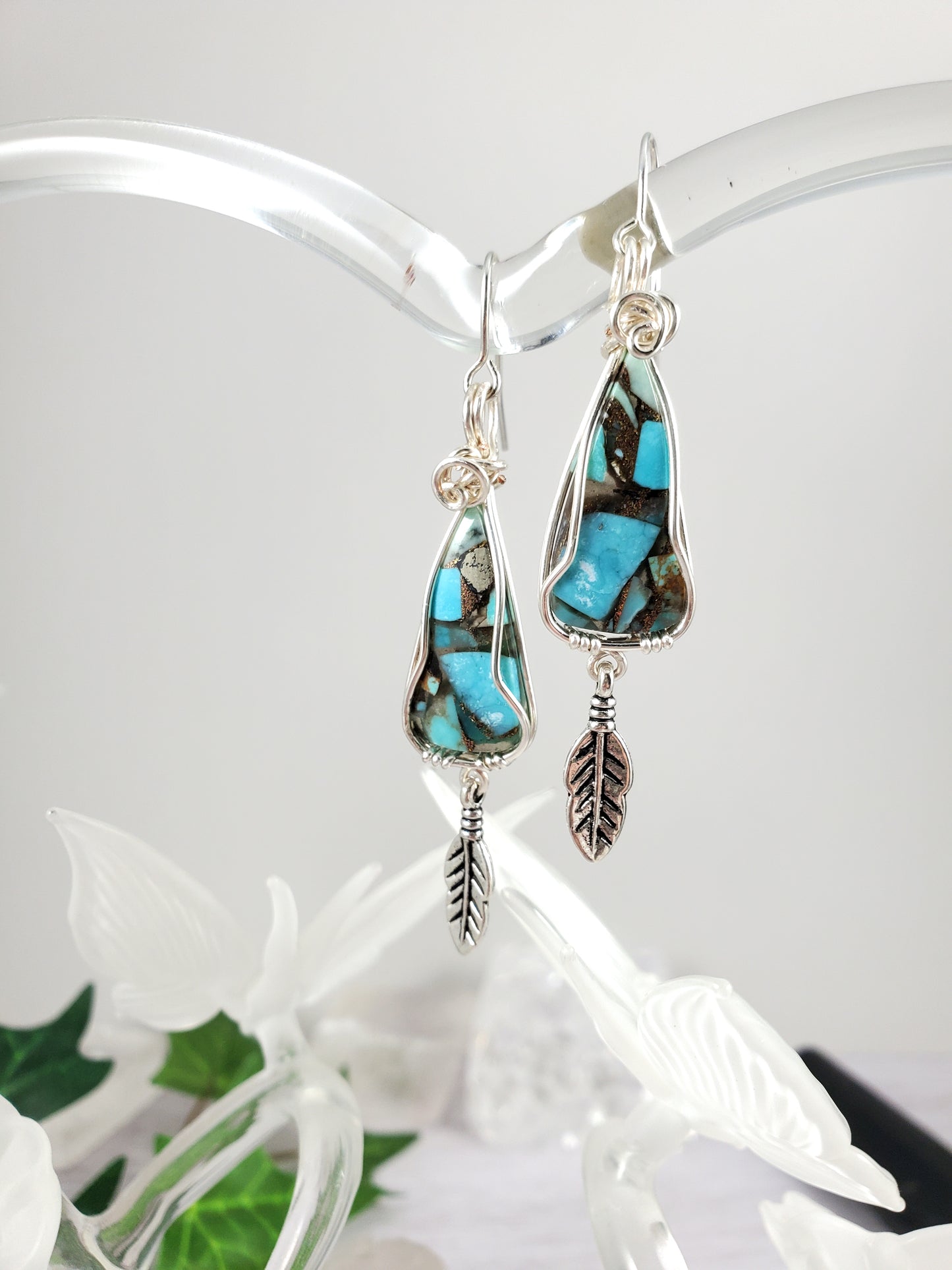 Turquoise and Pyrite Triangle and Feather Earrings