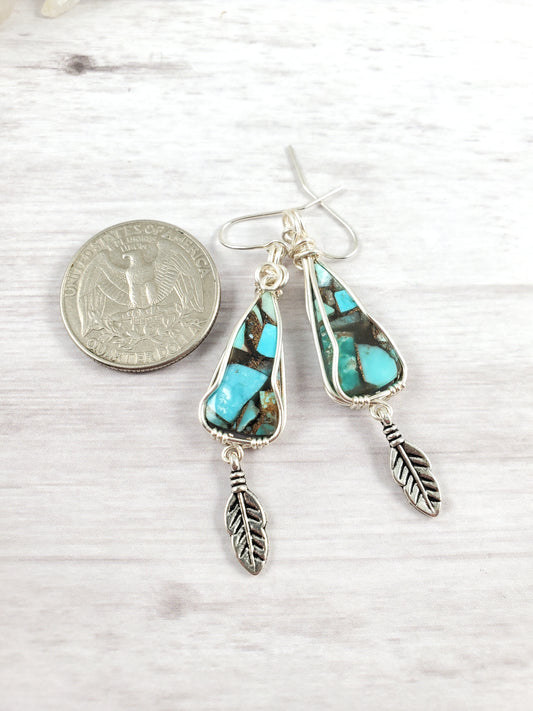 Turquoise and Pyrite Triangle and Feather Earrings
