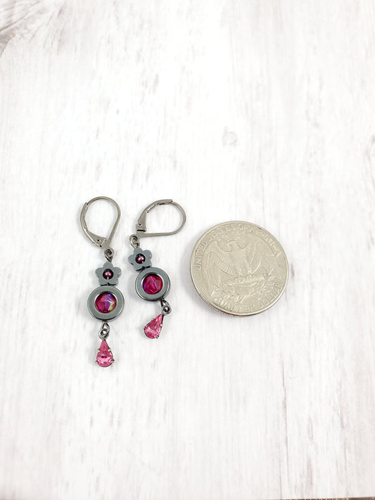 Hematite Flower Dangle Earrings with Pink Accents