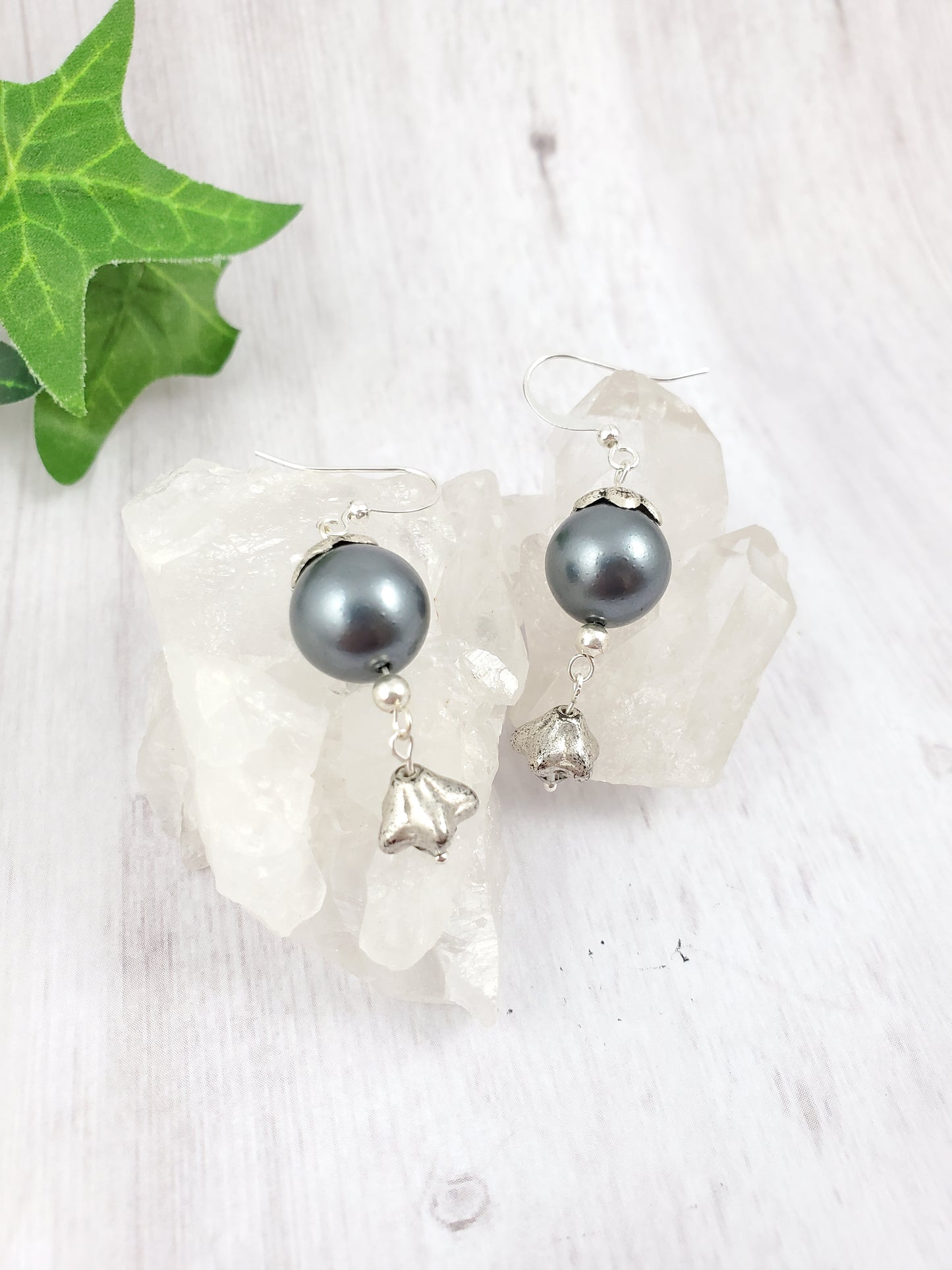 Dark Grey Pearl with Flower and Silver Dangle Earrings