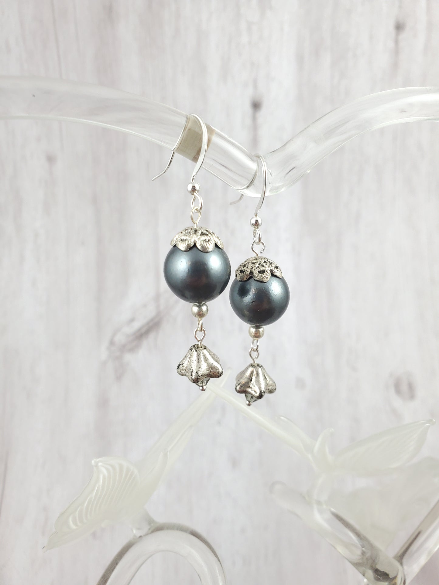 Dark Grey Pearl with Flower and Silver Dangle Earrings