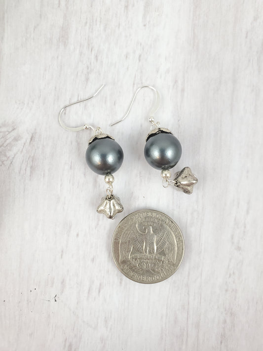 Dark Grey Pearl with Flower and Silver Dangle Earrings