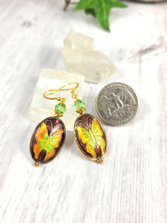 Bright Butterflies and Gold Cloisonne Earrings