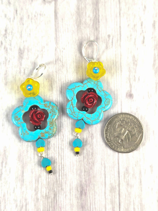 Dia de los Muertos Rose & Blue Howlite Flower Statement earrings
