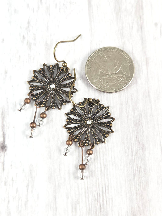 Filigree Flower Mandala Earrings with Crystal Accents