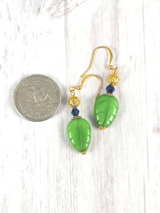 Green Jade Leaf Earrings with Blue and Gold Accents