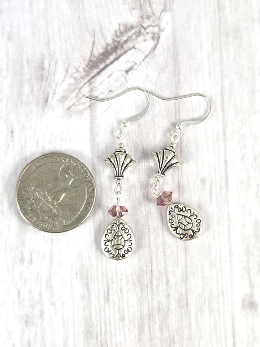 Silver Stylized Pineapple Earrings with Purple Crystal Accent