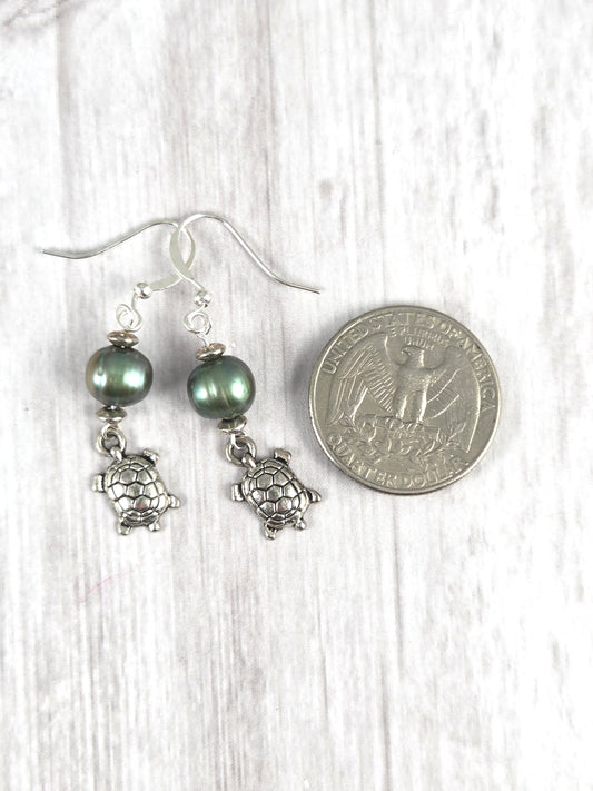 Silver Turtle and Green Freshwater Pearl Earrings