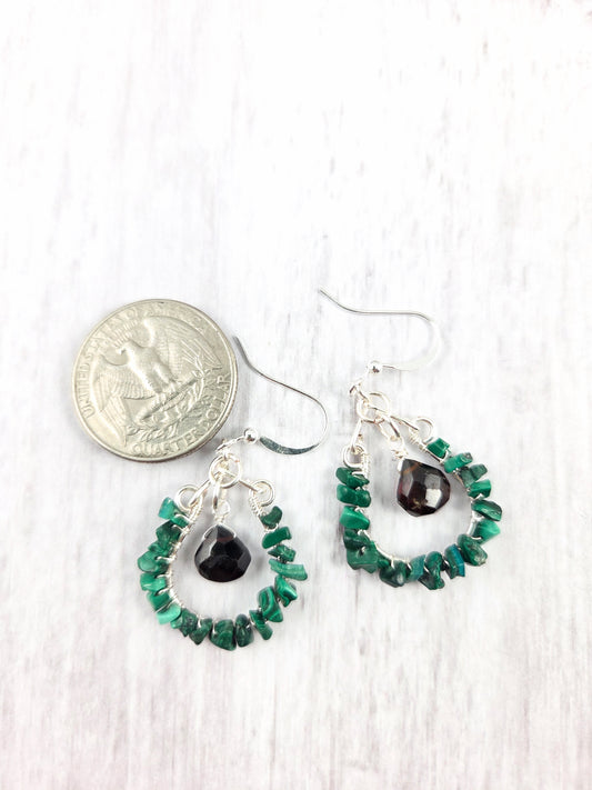 Malachite Chip and Garnet Briolette Wrapped Chandelier Earrings
