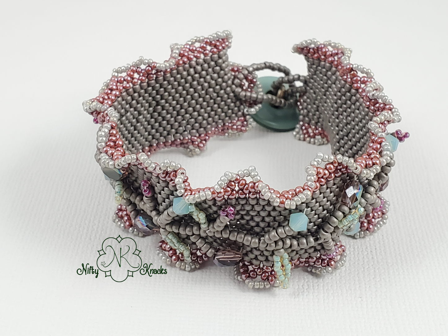 Ruffled Vine Cuff Bracelet with Swarovski Crystals & Antique Button Purple Grey Green