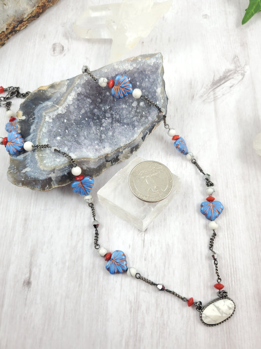 Red Coral, White Howlite, and Blue Czech Leaf Necklace
