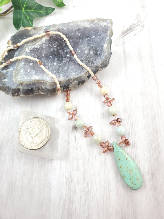 Cream, Wine and Turquoise Teardrop Pendant Necklace