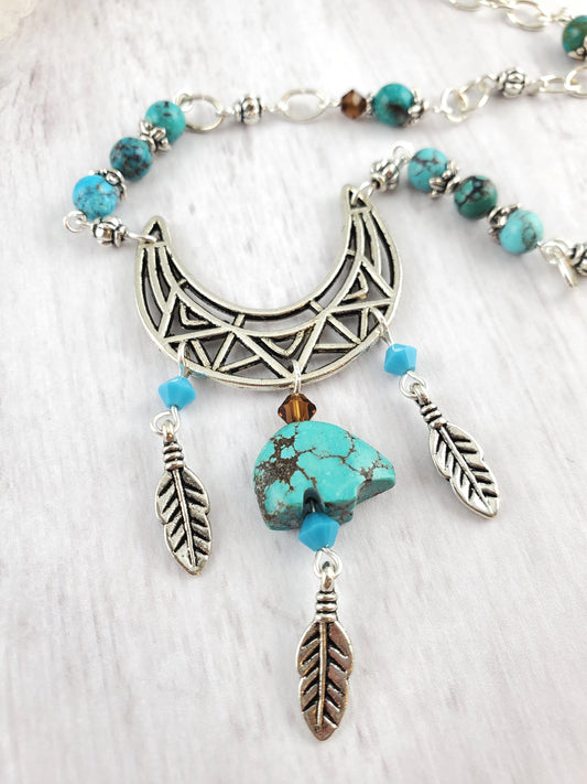 Silver and Turquoise Bear Fetish Moon Necklace