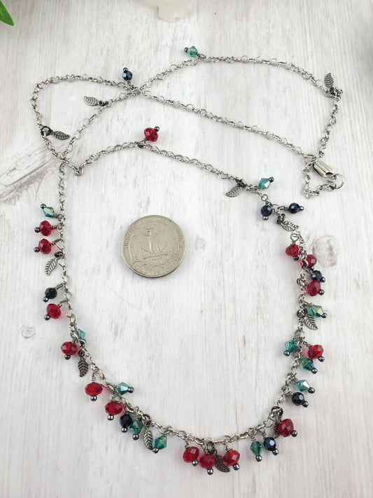Red Green Teal Black Silver with Leaf Charms Necklace